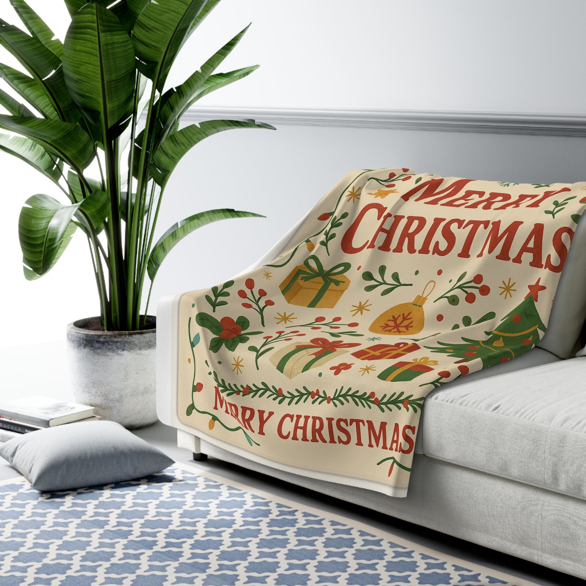 Christmas Sherpa Fleece Blanket - Cozy Holiday Decor with Merry Christmas Design