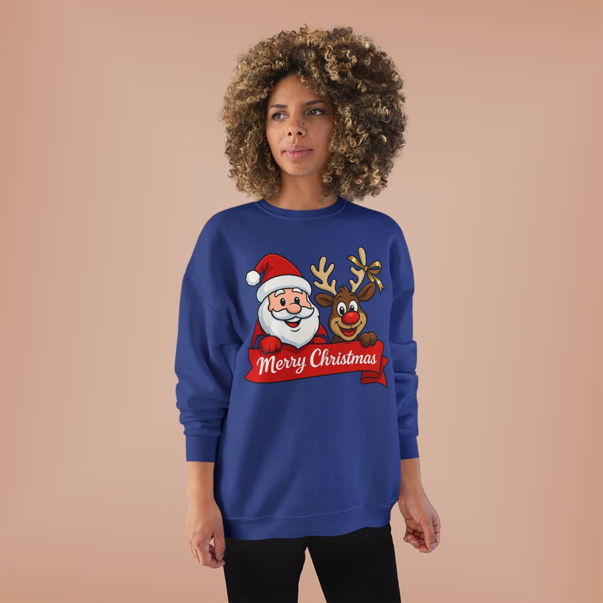Christmas Crewneck Sweatshirt — Santa & Reindeer "Merry Christmas" Design