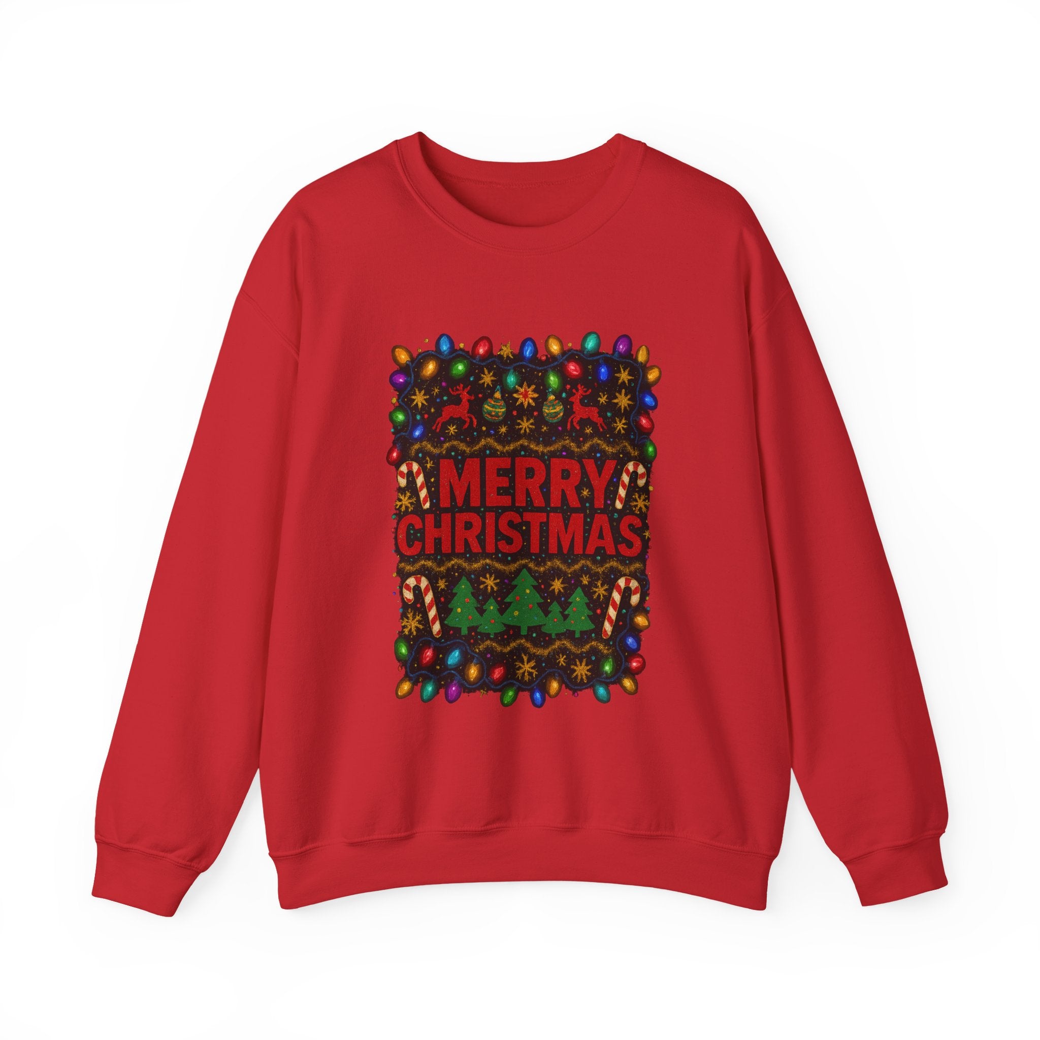 Merry Christmas Holiday Sweatshirt — Festive Lights & Candy Cane Crewneck