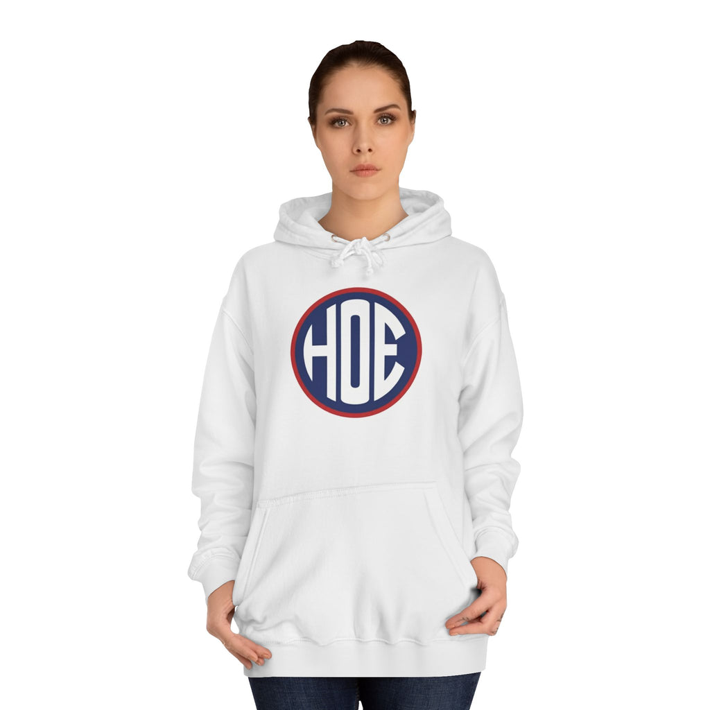 College Monogram Hoodie — Circular 'HOE' Retro Campus Logo