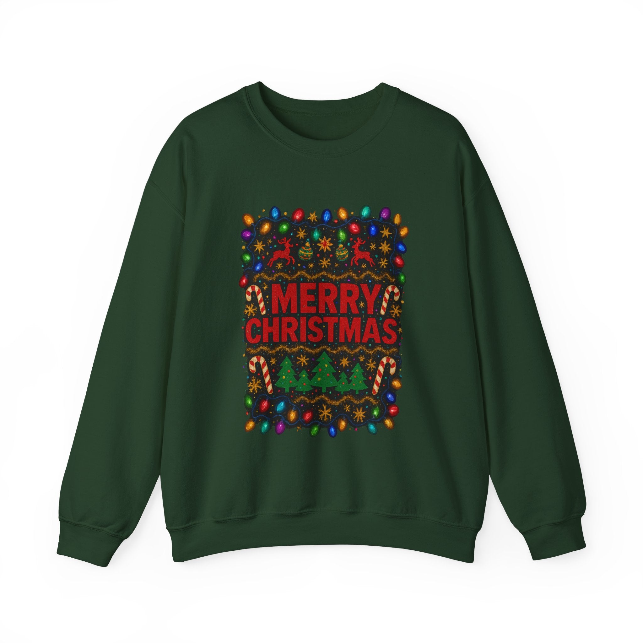Merry Christmas Holiday Sweatshirt — Festive Lights & Candy Cane Crewneck