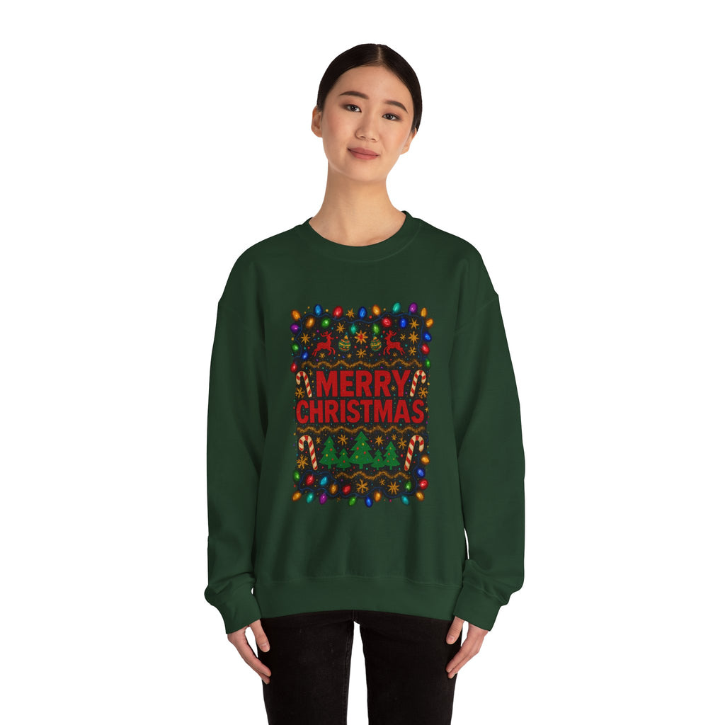 Merry Christmas Holiday Sweatshirt — Festive Lights & Candy Cane Crewneck