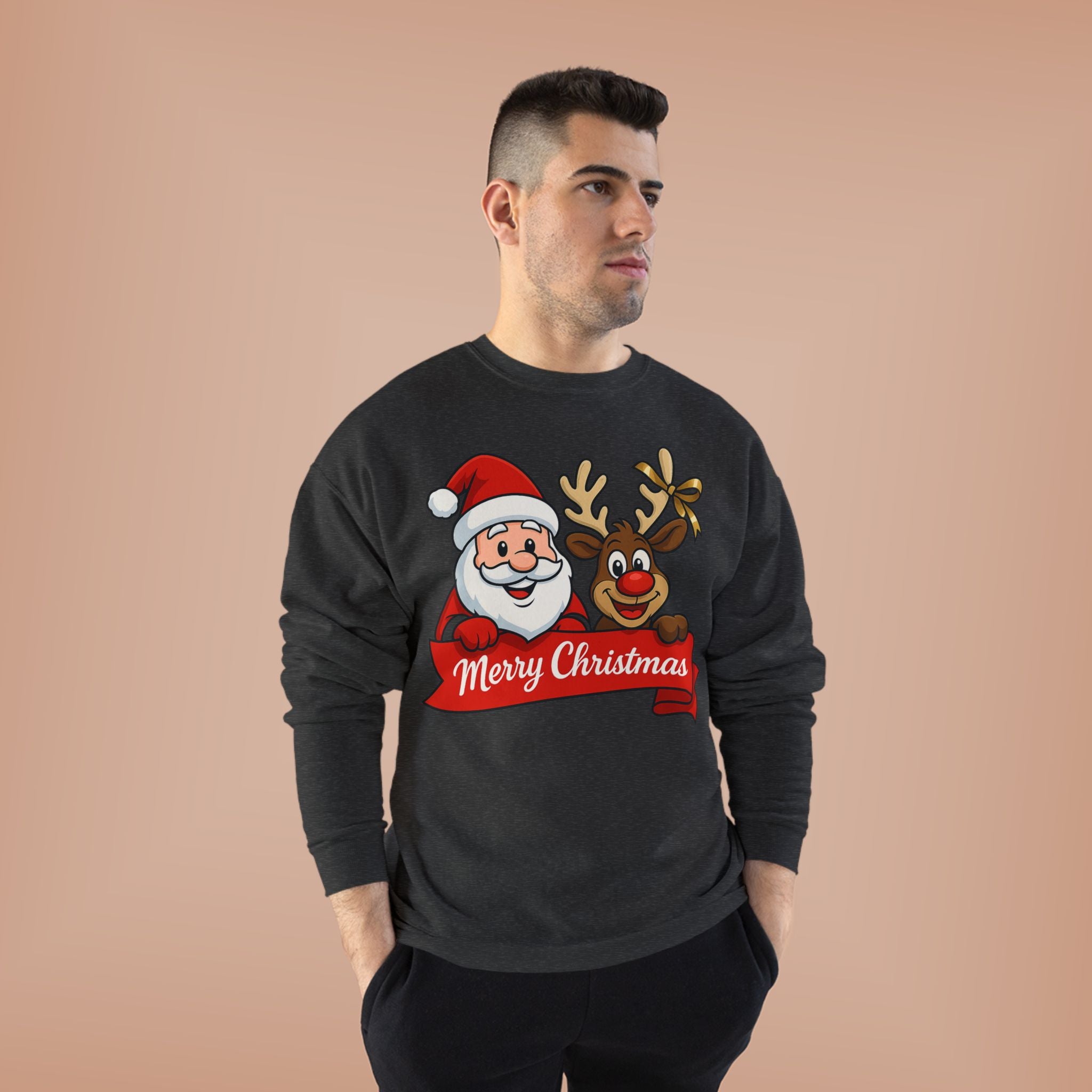 Christmas Crewneck Sweatshirt — Santa & Reindeer "Merry Christmas" Design