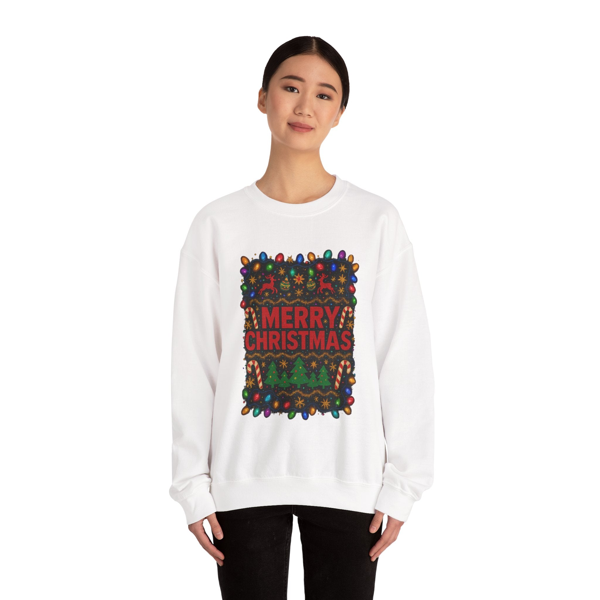 Merry Christmas Holiday Sweatshirt — Festive Lights & Candy Cane Crewneck