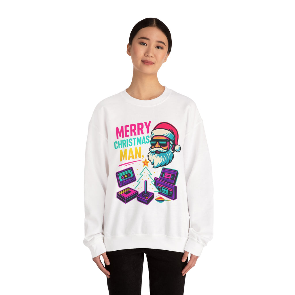 Merry Christmas Man Sweatshirt — Retro Gamer Santa Holiday Crewneck