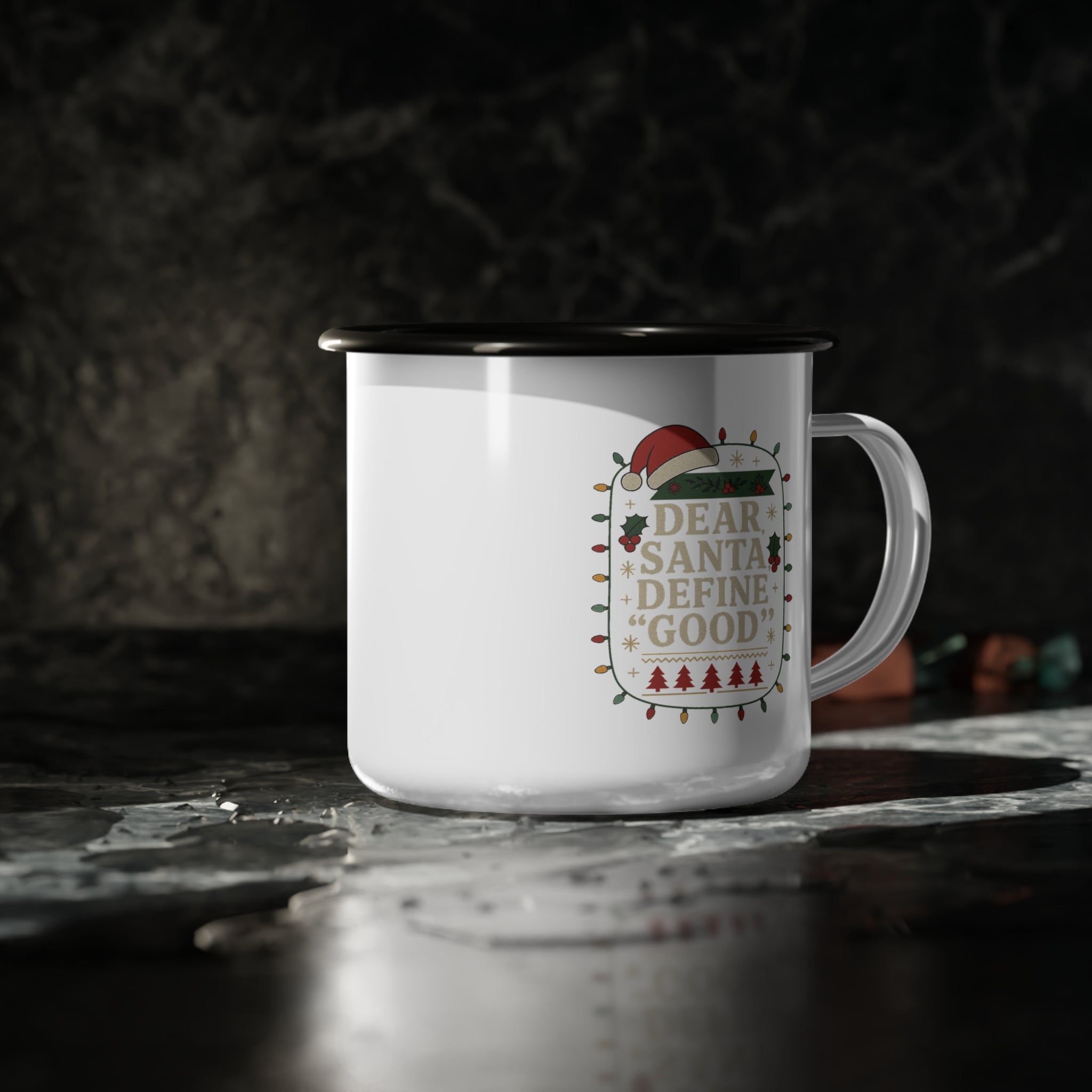 Christmas Enamel Camp Cup - "Dear Santa, Define Good" Vintage Holiday Mug