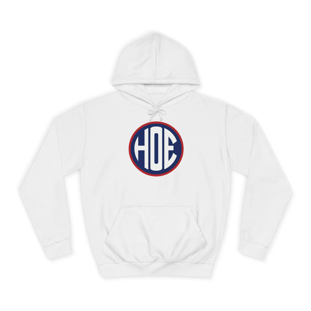 College Monogram Hoodie — Circular 'HOE' Retro Campus Logo