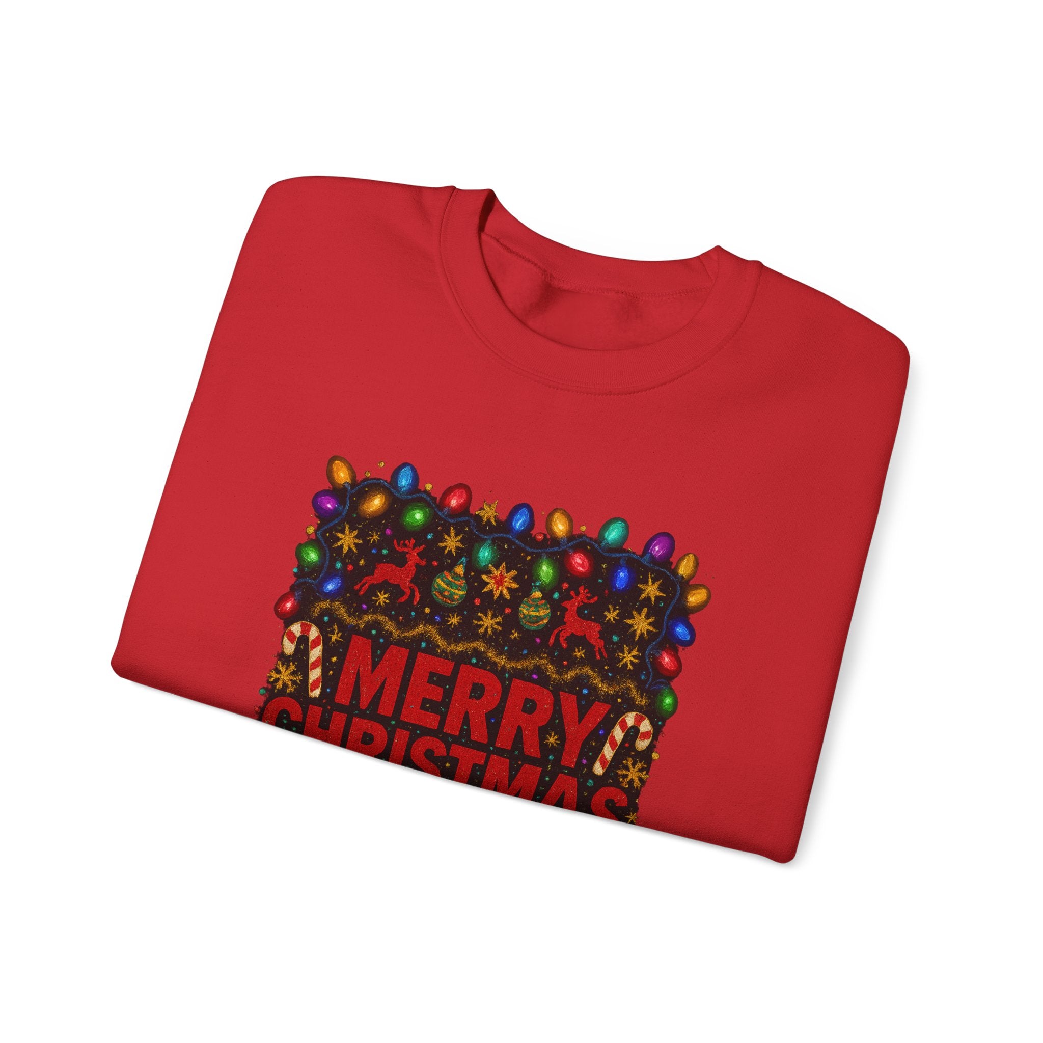 Merry Christmas Holiday Sweatshirt — Festive Lights & Candy Cane Crewneck