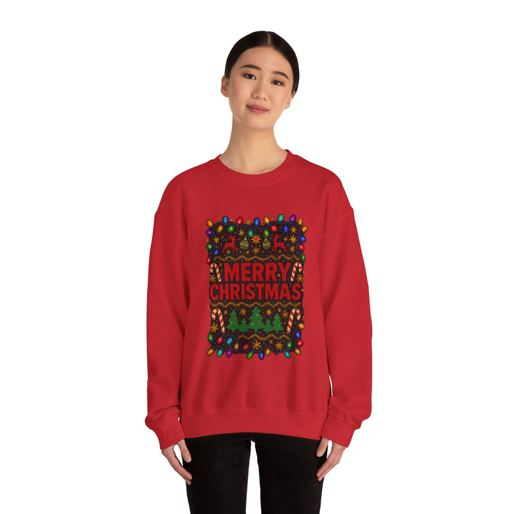 Merry Christmas Holiday Sweatshirt — Festive Lights & Candy Cane Crewneck