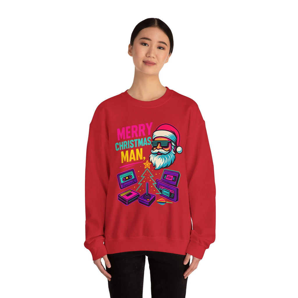 Merry Christmas Man Sweatshirt — Retro Gamer Santa Holiday Crewneck