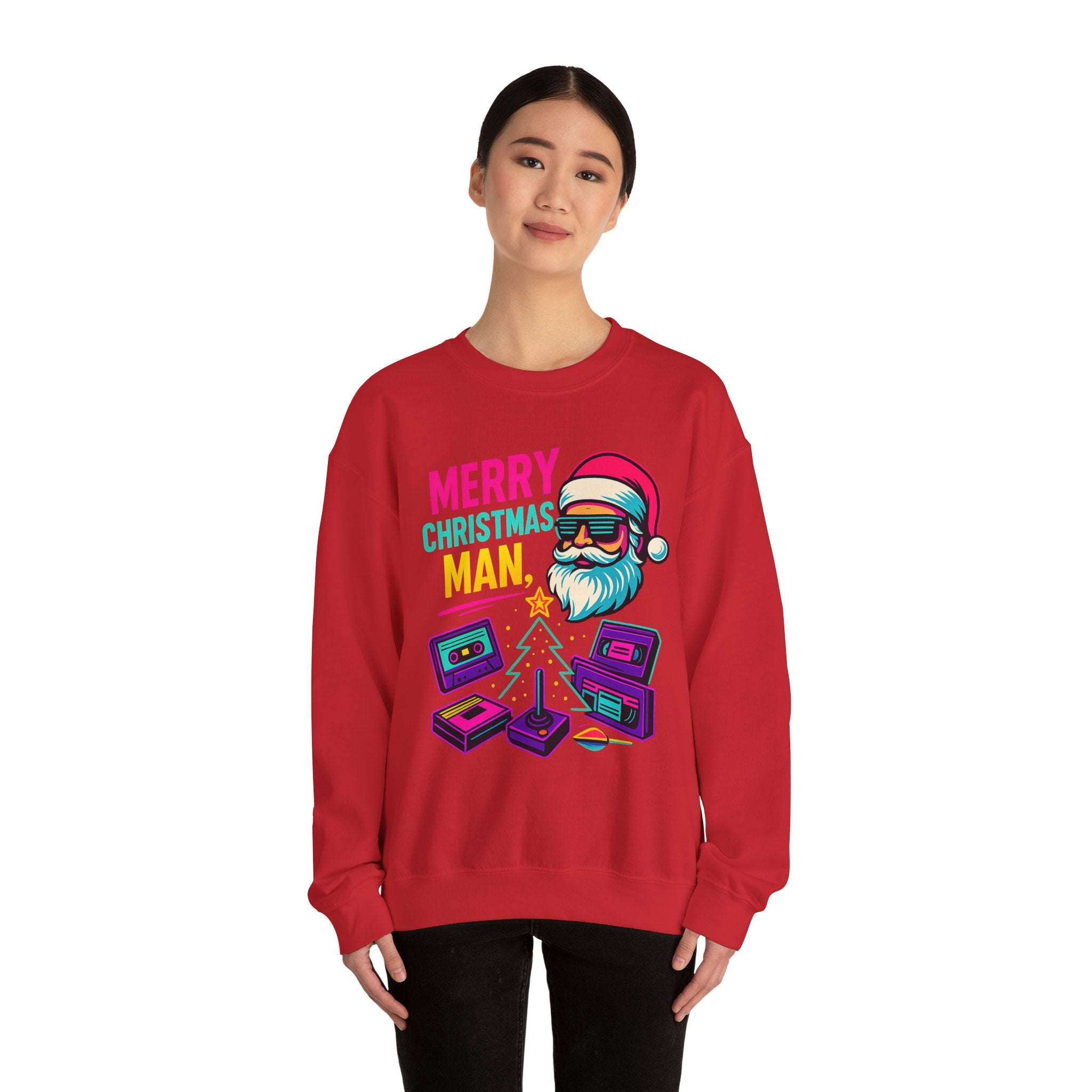 Merry Christmas Man Sweatshirt — Retro Gamer Santa Holiday Crewneck