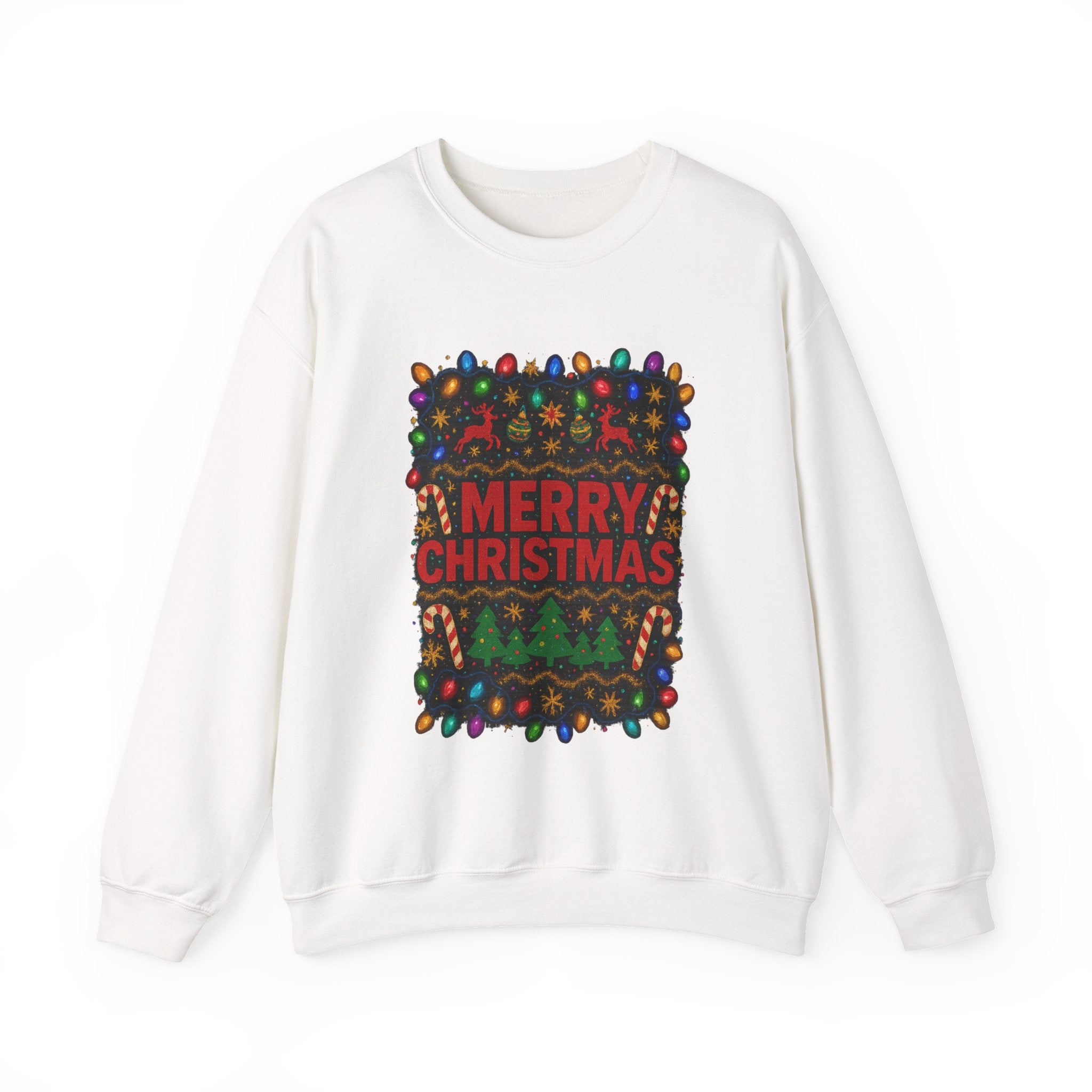 Merry Christmas Holiday Sweatshirt — Festive Lights & Candy Cane Crewneck