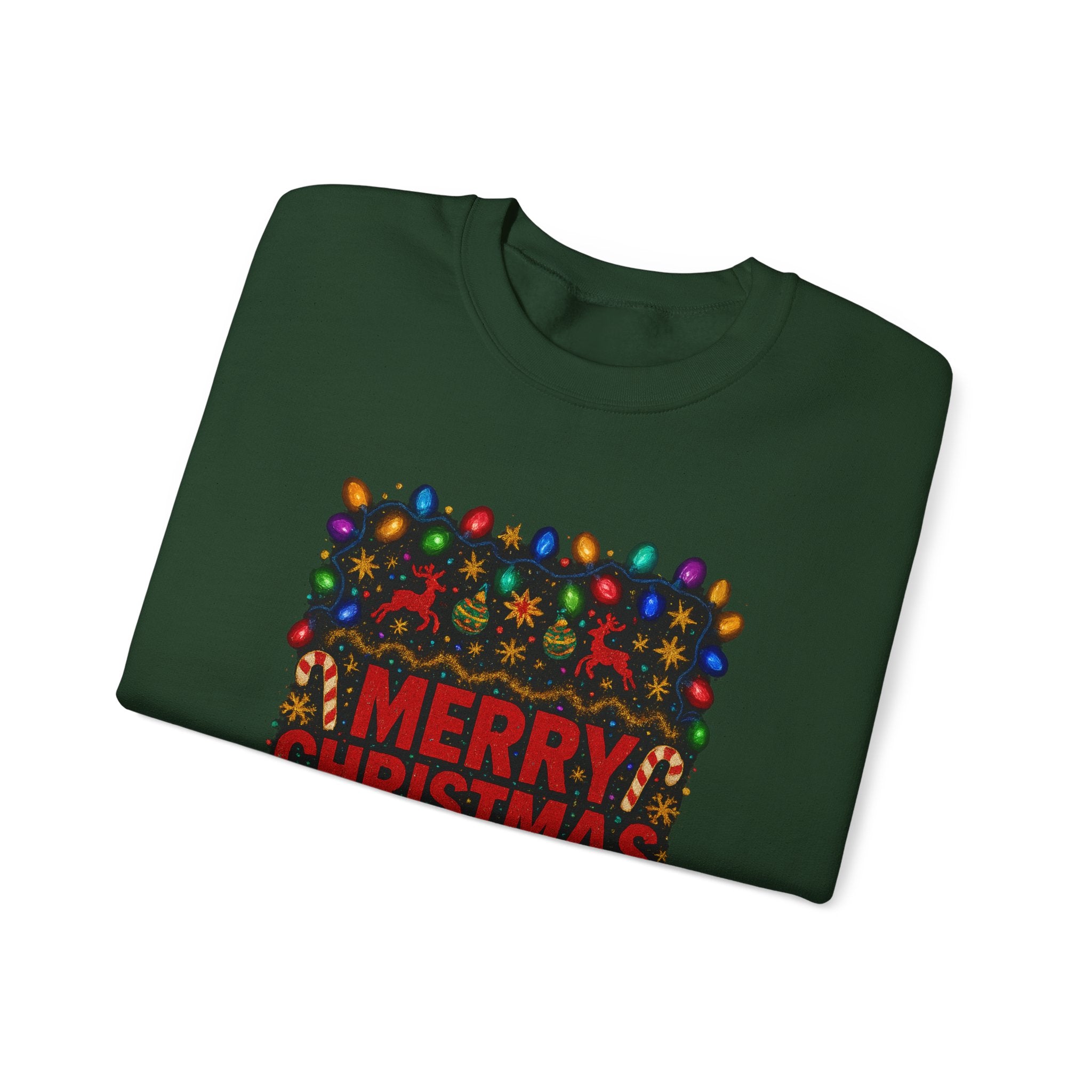 Merry Christmas Holiday Sweatshirt — Festive Lights & Candy Cane Crewneck