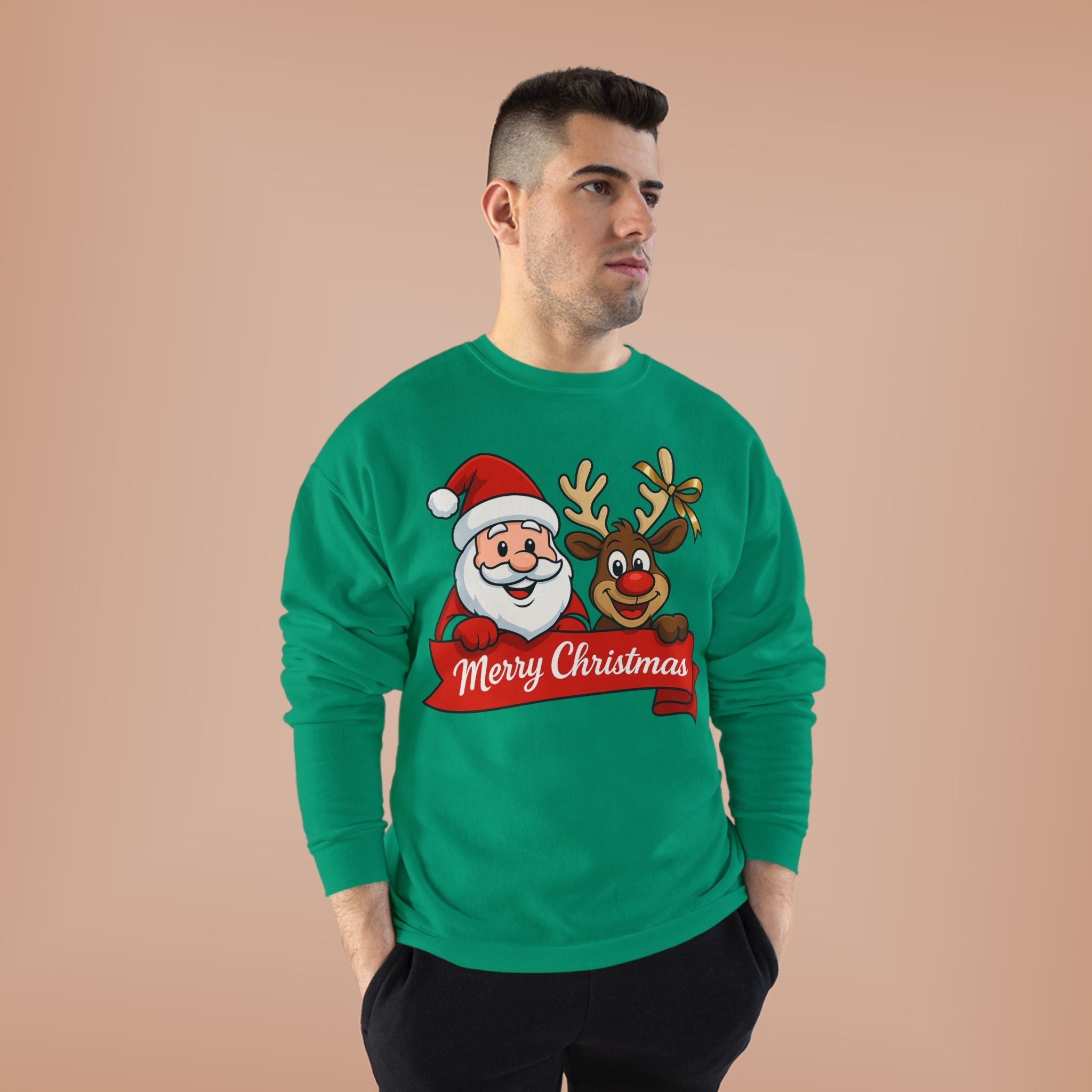 Christmas Crewneck Sweatshirt — Santa & Reindeer "Merry Christmas" Design