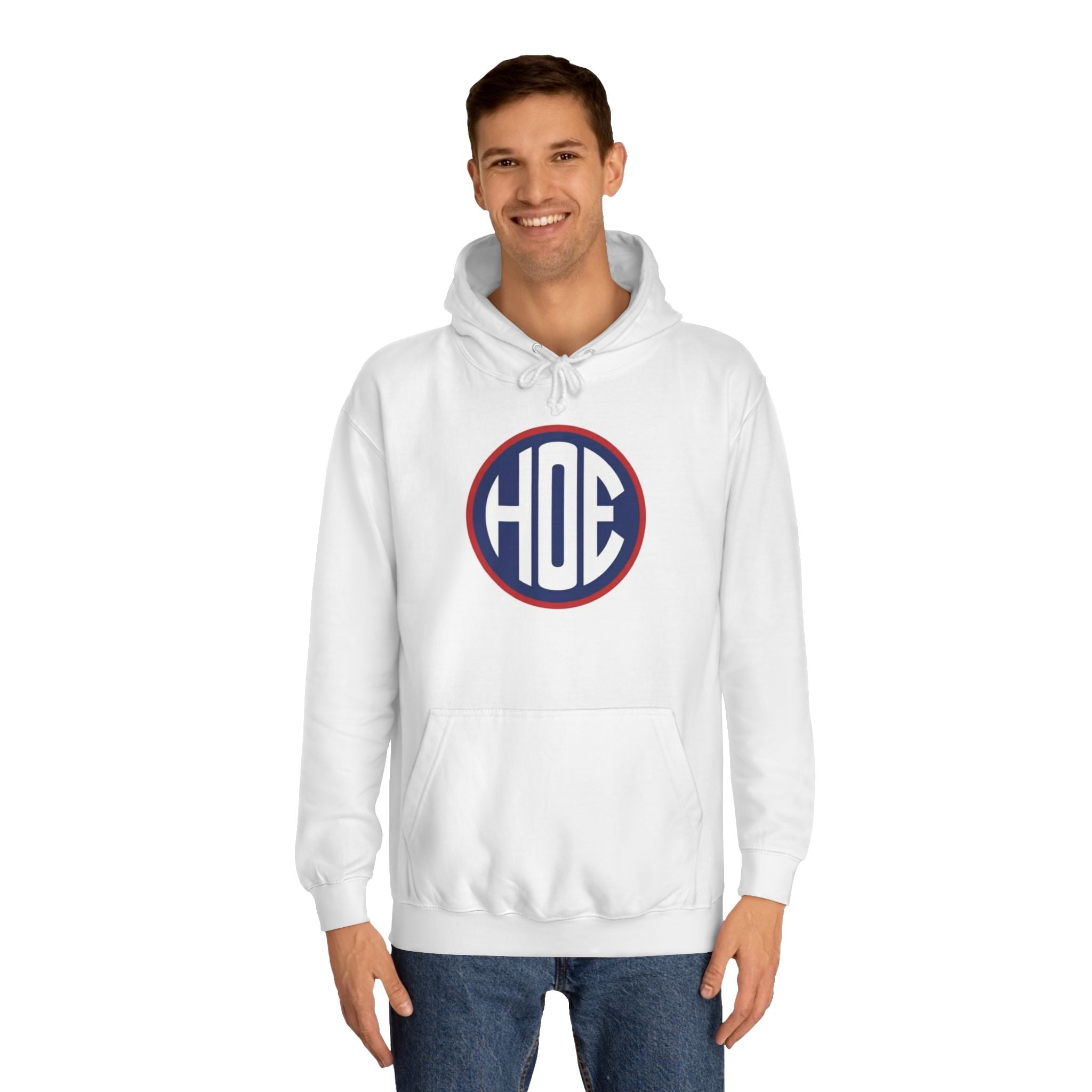 College Monogram Hoodie — Circular 'HOE' Retro Campus Logo