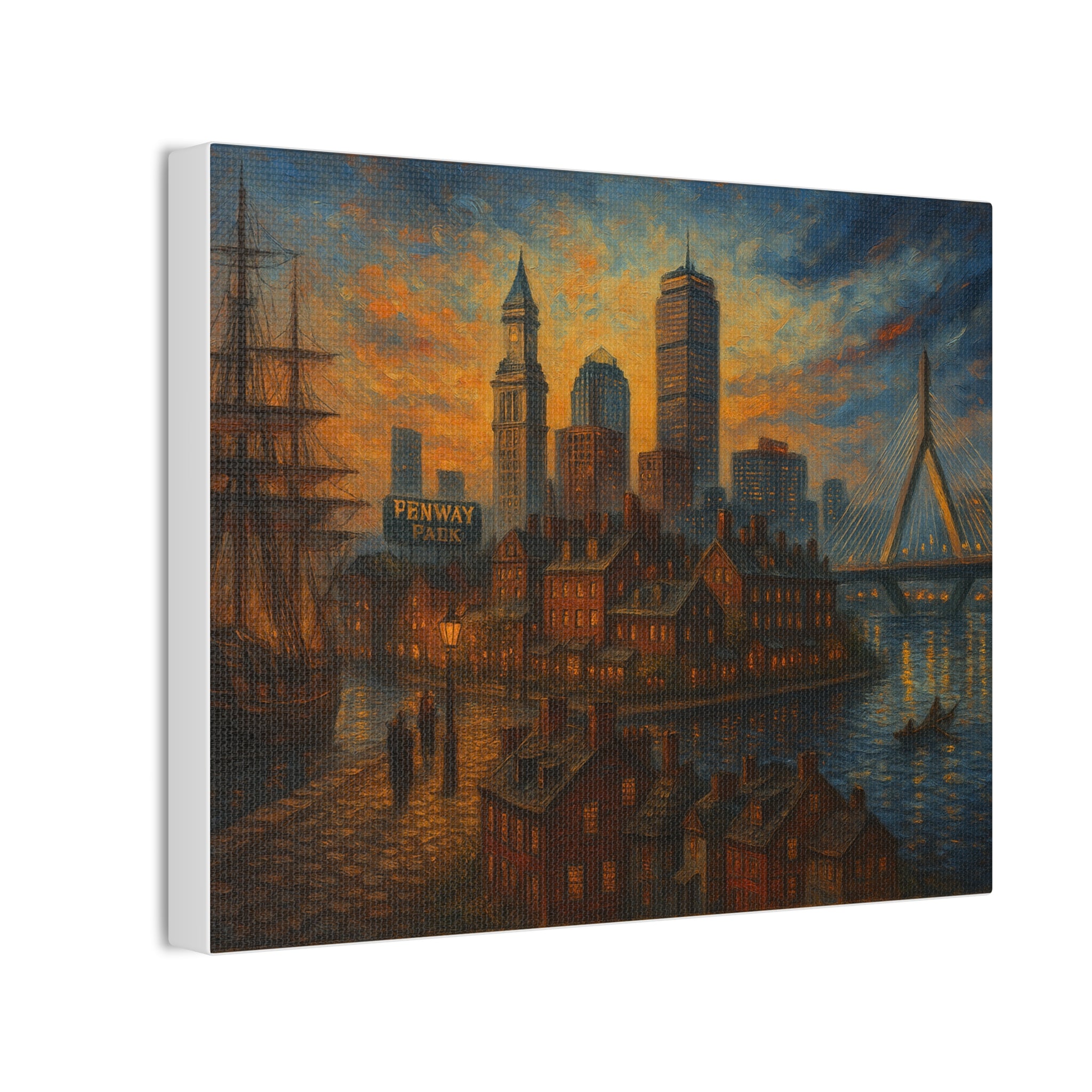 Boston Harbor Sunset Canvas Stretched Wall Art — Fenway Park Skyline Print